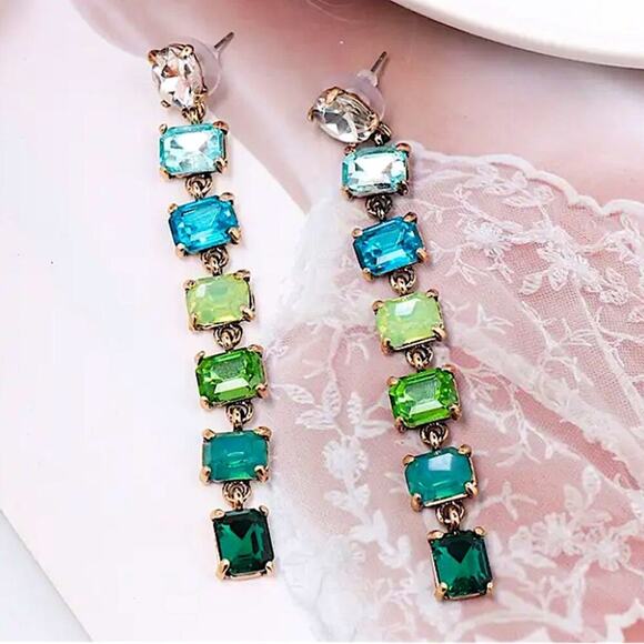 Antique Gold Emerald Cut Crystal Opal Sapphire Aquamarine Tassel Drop Earrings - Picture 11 of 12
